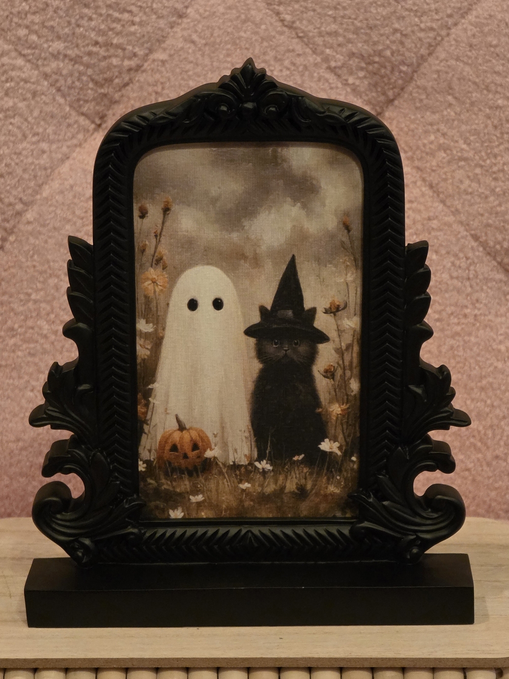 Black Ornate Halloween Frame Art - Ghost & Witch Cat